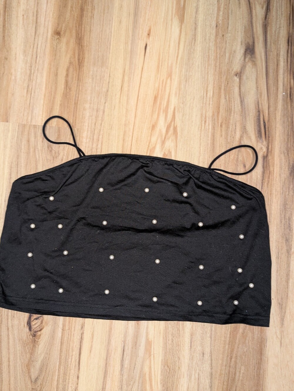 Black Spaghetti Strap Crop Top With Pearl Embellishments